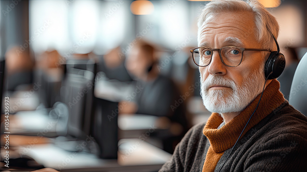 Fototapeta premium Elderly Employee at Bustling Call Center Workspace