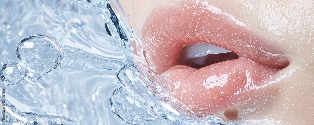 Fototapeta premium A beauty shot of glossy, healthy lips surrounded by bubbles and rippling water, symbolizing the moisturizing and refreshing effects of premium skincare.