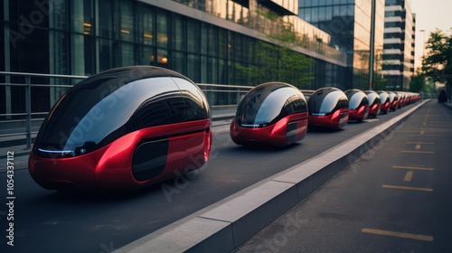A sleek line-up of futuristic red transport pods reflects innovation in personal mobility against a modern urban environment.