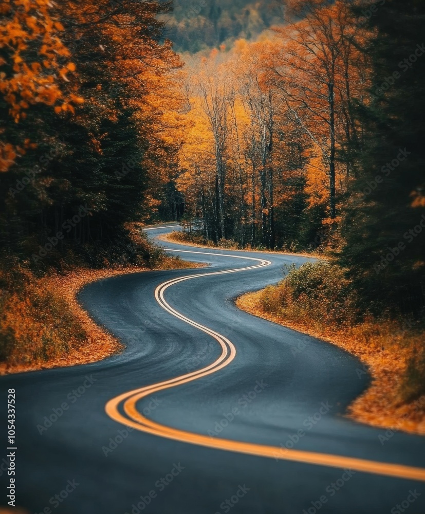 Fototapeta premium Winding road through orange autumn forest at dusk