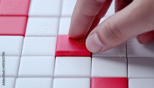 A clean, strategic layout where a hand selects a red block from a field of white blocks, representing intentionality and impactful decision-making. photo