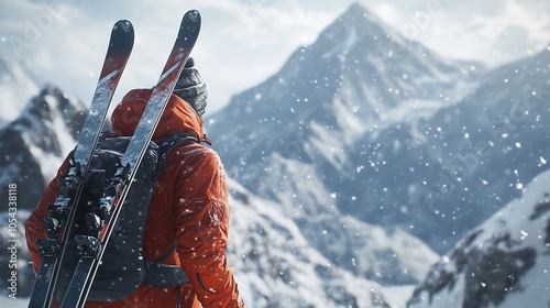 Man Stands with His Back to the Camera with Alpine Skis photo