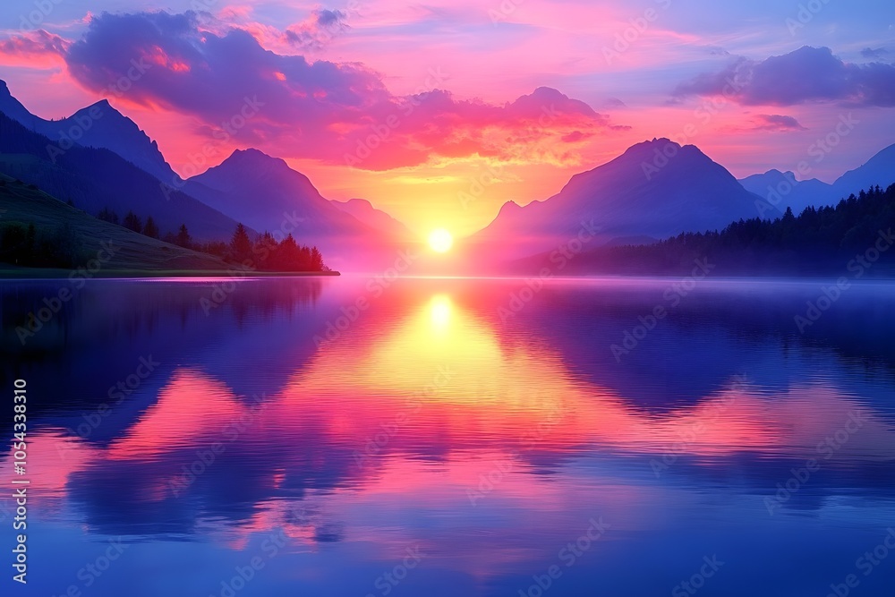 Tranquil sunset over alpine lake
