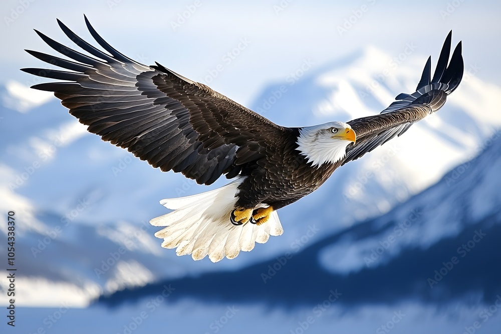 Fototapeta premium Majestic bald eagle in flight against blue sky