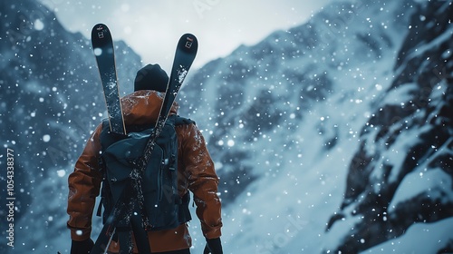 Man Stands with His Back to the Camera with Alpine Skis photo