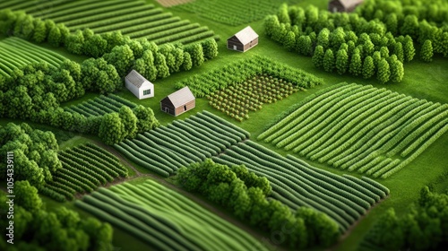 Aerial view of lush green farmland with neatly arranged crops and charming barns surrounded by vibrant trees. photo