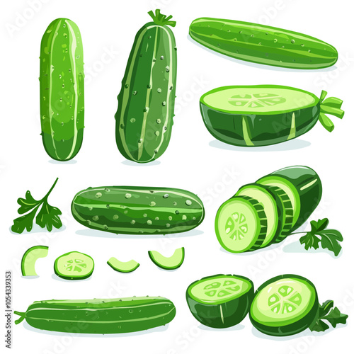 Simple flat 2D icon sliced cucumber isolated on a transparent background, vector, flat design, animation design, vector, flat design, animation design, simple flat 2D icon, minimalist design