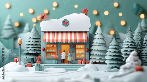 Papercut style - Holiday shopping scene with a christmas decoration