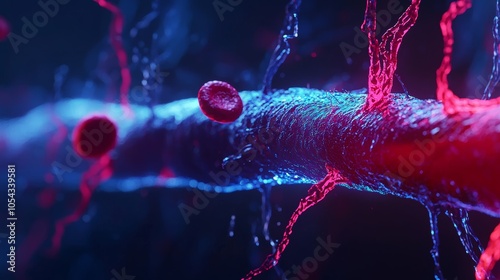 A close-up visualization of red blood cells traveling through a vein with blue and red tones, symbolizing the vitality and importance of proper blood circulation. photo