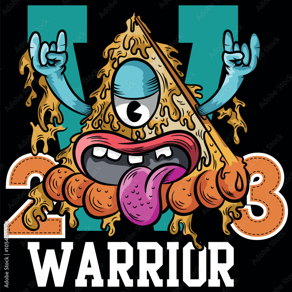 Obraz premium Urban pizza illustration with tongue and hands up, bright colors with urban and city texts with numbers in college style, grunge skateboard designs and evoking the current lifestyle.