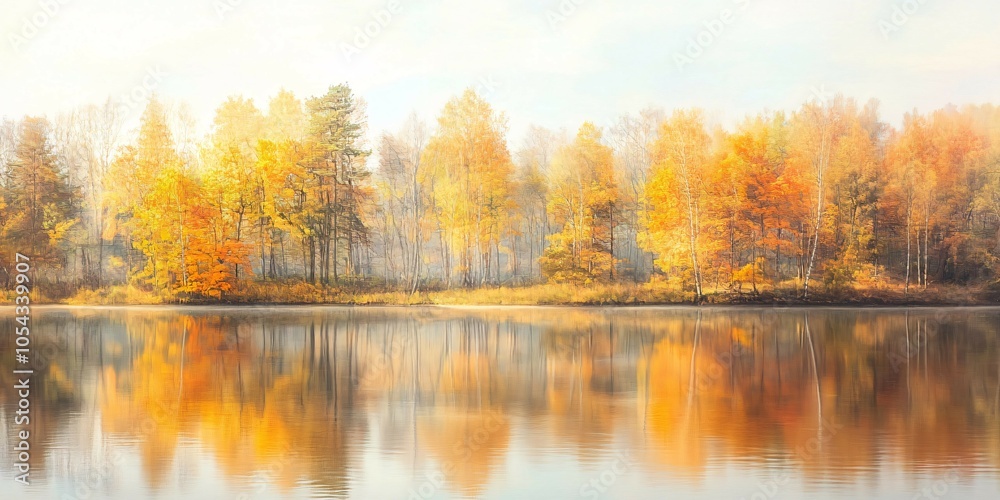 Fototapeta premium A Subtle Autumn Landscape with Gentle Reflections, Ideal for a Warm and Inviting Background Image