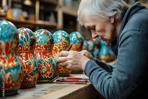 Traditional Russian matryoshka doll artist photo