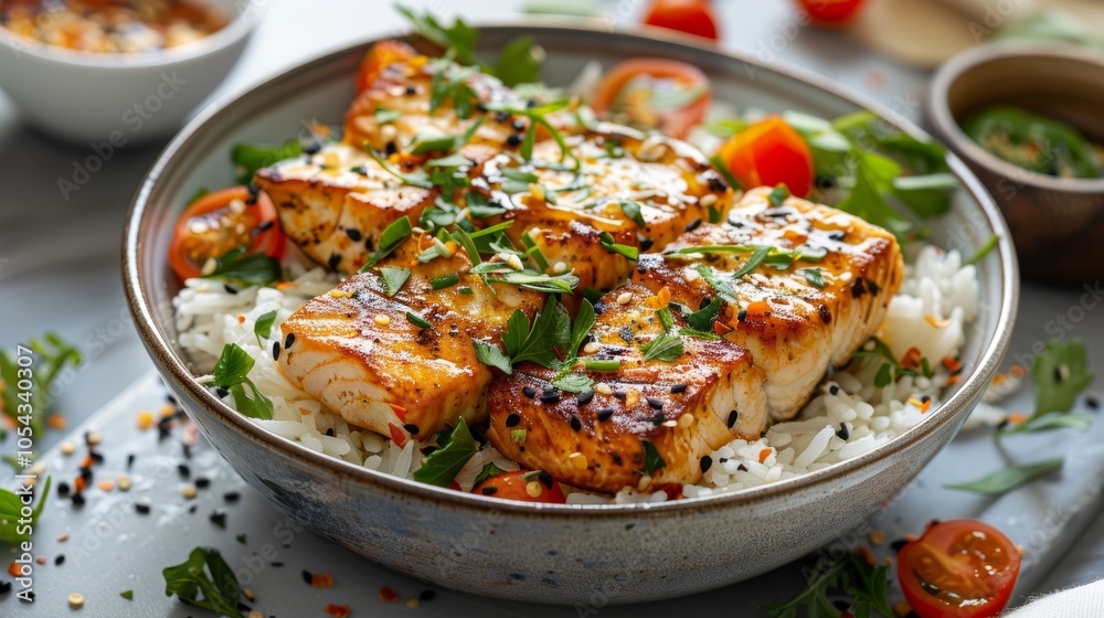 Grilled salmon fillets served over rice with fresh herbs and cherry tomatoes in a bright kitchen setting during daylight Grilled salmon fillets served over rice with fresh herbs and cherry tomatoes in a bright kitchen setting during daylight