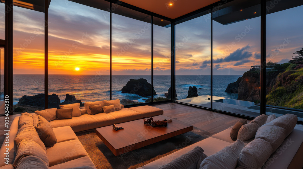 Fototapeta premium Luxurious modern living room with floor-to-ceiling windows offers stunning ocean sunset views in a coastal paradise