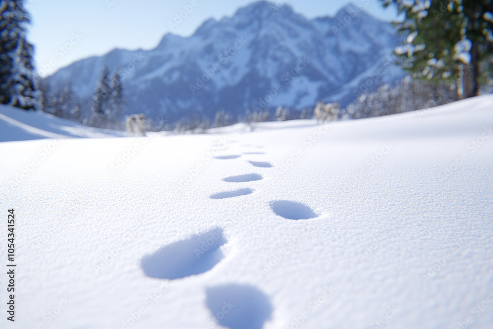 A snow covered mountain range with a path of footprints in the snow A snow covered mountain range with a path of footprints in the snow