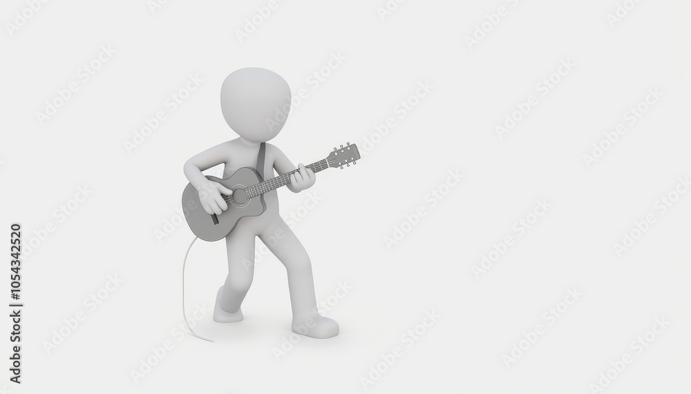 3D minimalist musician stick figure with guitar, ideal for creativity and performance arts visuals, with copy space 3D minimalist musician stick figure with guitar, ideal for creativity and performance arts visuals, with copy space