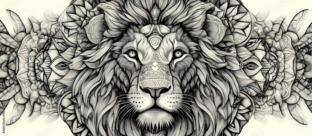 Detailed illustration of a lion's face with intricate patterns and a mandala background.