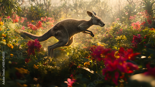 Dynamic Display of an Eastern Gray Kangaroo in Action Amidst Vibrant Flora of Australia