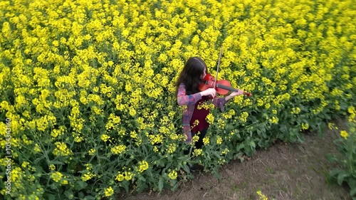 Aerial Hellix to Young Lady Violin Player Practicing in Nature