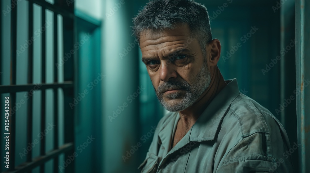 Middle-aged man, unkempt, signs of alcoholism, wearing Worn-out clothes, possibly a mechanic's uniform,standing in jail Middle-aged man, unkempt, signs of alcoholism, wearing Worn-out clothes, possibly a mechanic's uniform,standing in jail