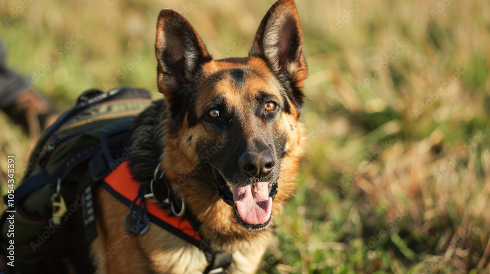 Rescue dog with a vest at a search and rescue training, emphasizing service and heroism Rescue dog with a vest at a search and rescue training, emphasizing service and heroism
