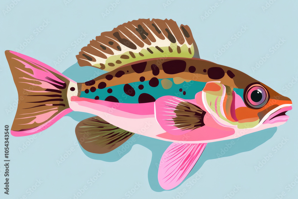 Fototapeta premium A vibrant fish illustration showcases vivid colors and striking spots, blending pink, brown, and turquoise shades against a minimalist backdrop, bringing aquatic art to life.