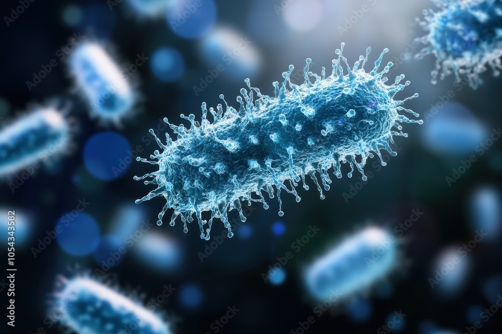 Detailed 3D illustration of blue bacteria cells floating against a dark background, representing microbiology, science, and disease research. Detailed 3D illustration of blue bacteria cells floating against a dark background, representing microbiology, science, and disease research.