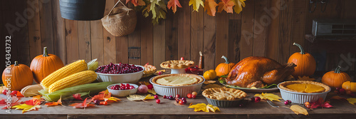 Thanksgiving dinner table setting with golden brown turkey and orange pumpkins  rustic autumnal background    photo