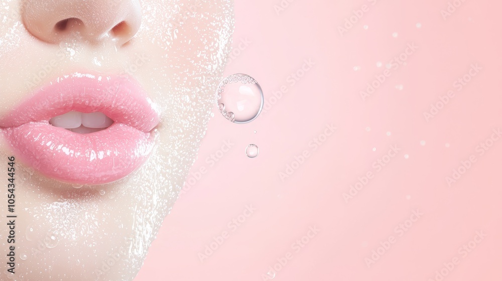 Fototapeta premium A refreshing image of moisturized lips with water and bubbles in a soft, minimal background, capturing the purity and hydration benefits of a high-end beauty product.