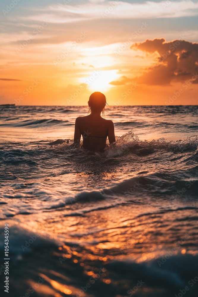 Fototapeta premium An individual is seen enjoying the ocean waves at sunset, bathed in warm golden light.