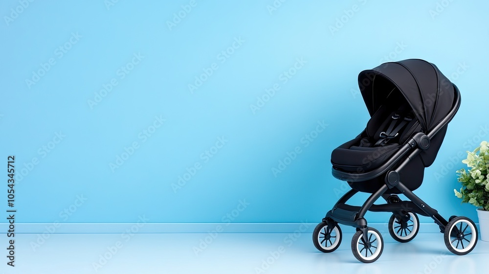 Stylish modern black baby stroller set against a vibrant blue backdrop, perfect for child travel and daily adventures with your newborn Stylish modern black baby stroller set against a vibrant blue backdrop, perfect for child travel and daily adventures with your newborn