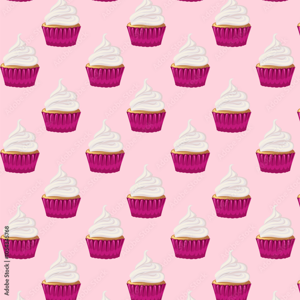 Seamless pattern cupcake with cream, sweetness dessert. Muffin. Flat style. Birthday, holiday, congratulations, concept of invitation. Vector illustration for banner, postcard, packaging Seamless pattern cupcake with cream, sweetness dessert. Muffin. Flat style. Birthday, holiday, congratulations, concept of invitation. Vector illustration for banner, postcard, packaging
