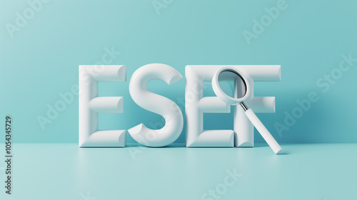 White ESEF abbreviation and magnifying glass on turquoise background. Consept of studying Electronic format of financial reporting, training, research and analysis photo