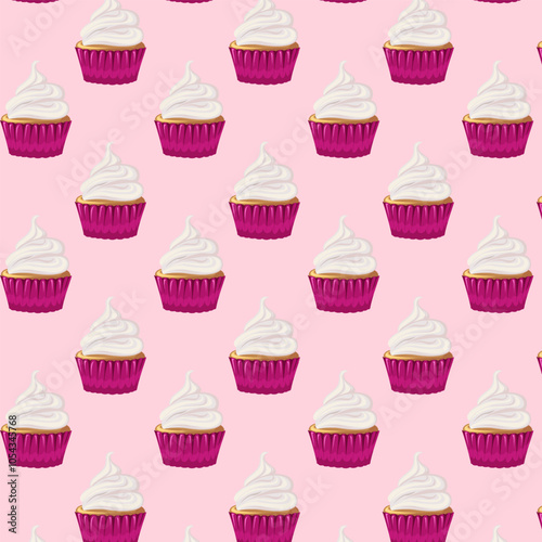 Seamless pattern cupcake with cream, sweetness dessert. Muffin. Flat style. Birthday, holiday, congratulations, concept of invitation. Vector illustration for banner, postcard, packaging