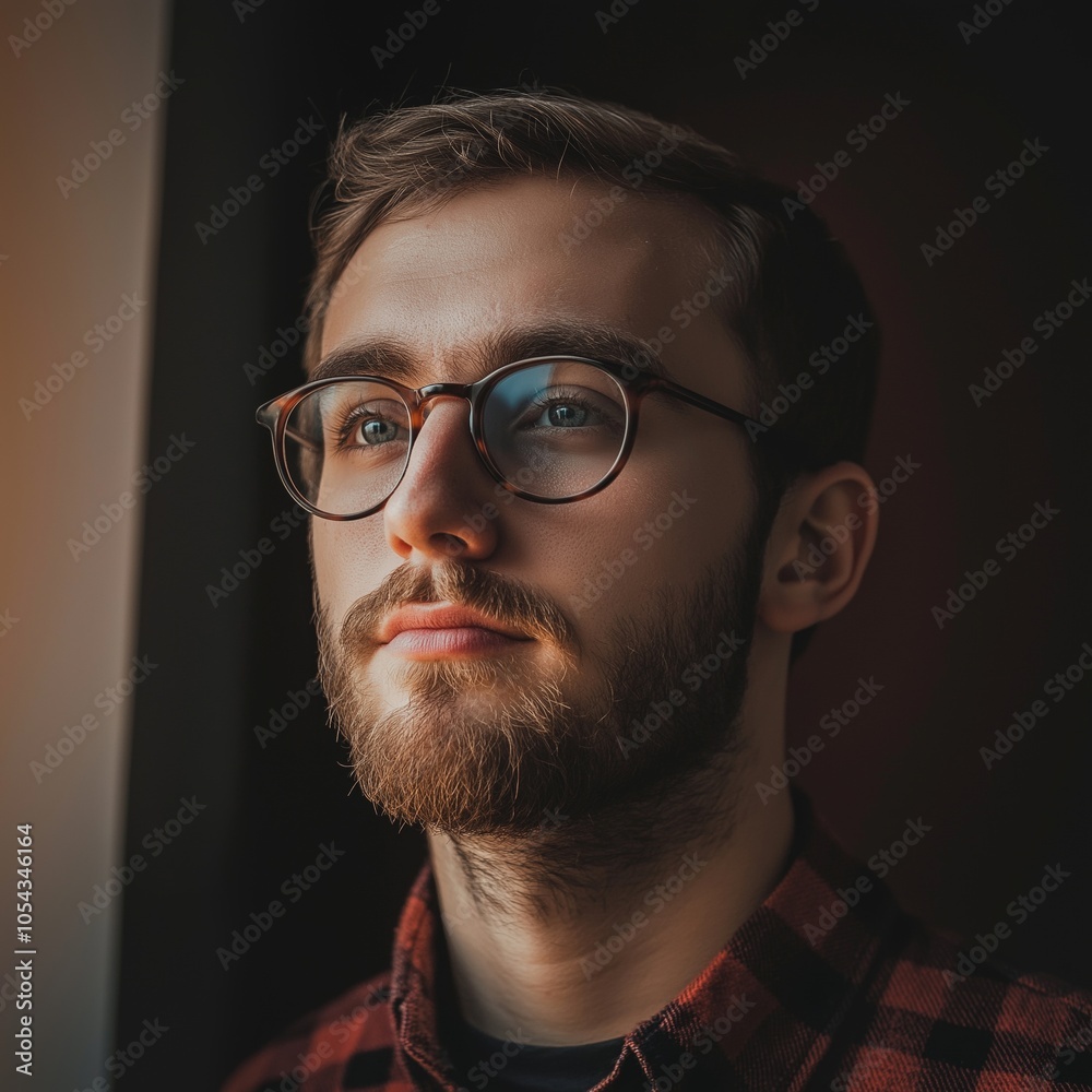 A young man with glasses gazes pensively out a sunlit window, with soft lighting highlighting his expression and features. A young man with glasses gazes pensively out a sunlit window, with soft lighting highlighting his expression and features.