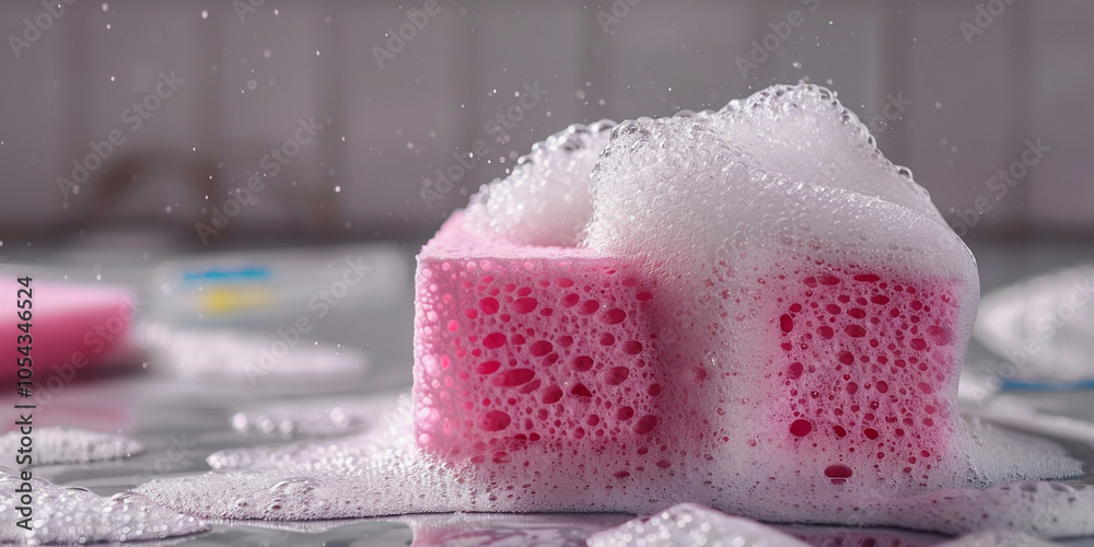 Vibrant Pink Sponge and Bubbles for Cleaning Vibrant Pink Sponge and Bubbles for Cleaning