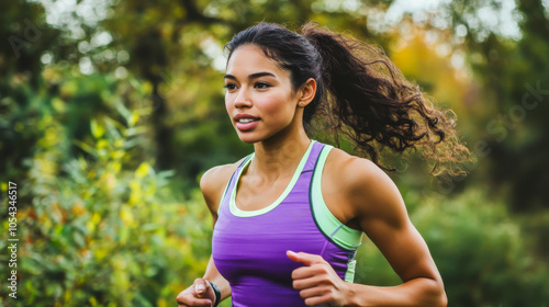 Young woman jogging in a park surrounded by autumn foliage on a bright, sunny day