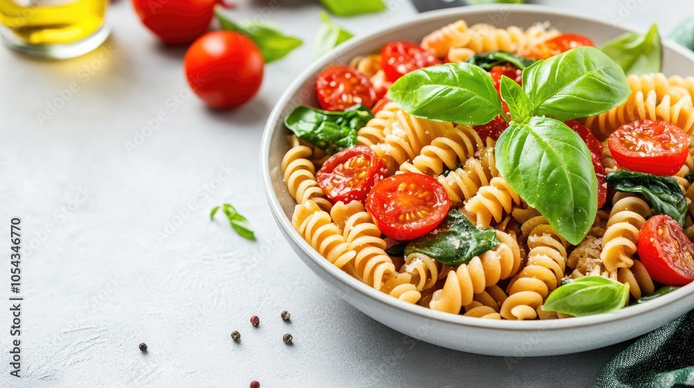 Delicious Italian pasta bowl with fresh tomatoes and basil on a rustic table. Perfect for culinary inspiration and food photography. Delicious Italian pasta bowl with fresh tomatoes and basil on a rustic table. Perfect for culinary inspiration and food photography.