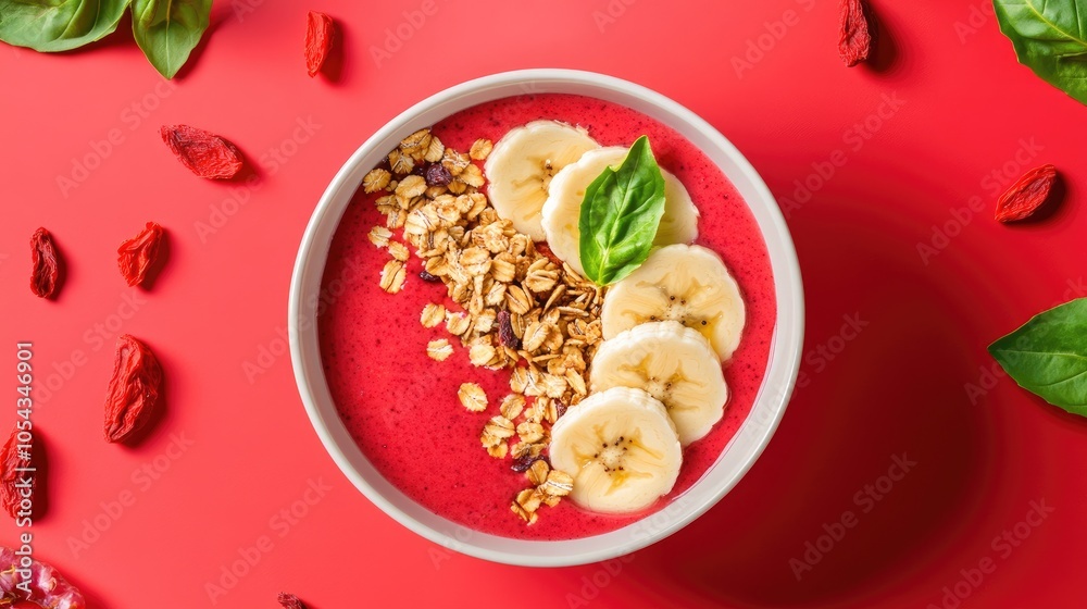 Delicious smoothie bowl topped with banana slices, granola, and fresh basil on a vibrant red background.