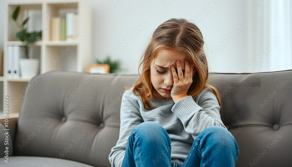 Anxious teen girl crying on couch at the therapist office isolated with white highlights, png Anxious teen girl crying on couch at the therapist office isolated with white highlights, png