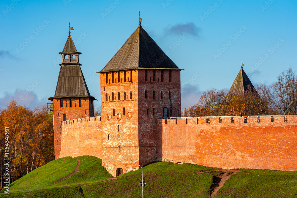Fototapeta premium Walls and towers of Veliky Novgorod Kremlin, Russia