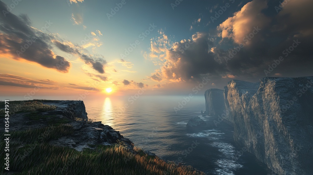 A breathtaking dawn illuminating the cliffs along the Atlantic Ocean, with soft hues of orange, pink, and purple painting the sky. The early morning light casts a warm glow on the rugged cliffside A breathtaking dawn illuminating the cliffs along the Atlantic Ocean, with soft hues of orange, pink, and purple painting the sky. The early morning light casts a warm glow on the rugged cliffside