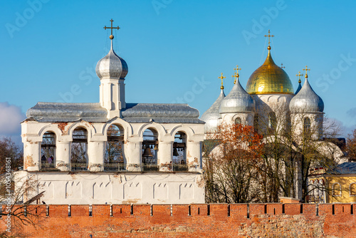 Cityscape of Great Novgorod Kremlin with St. Sophia cathedral and Bell tower, Russia photo