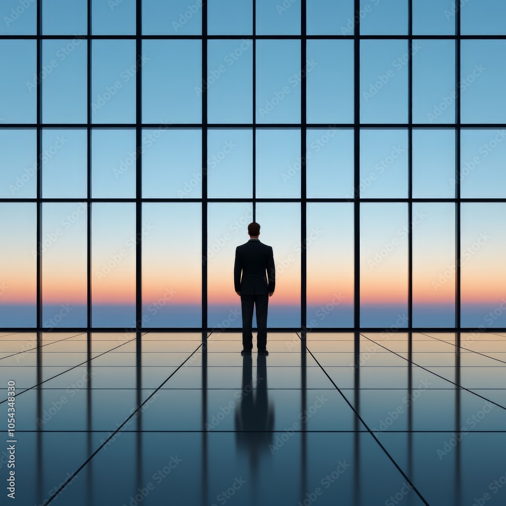 A businessman gazes out at a sunset through a large glass window. A businessman gazes out at a sunset through a large glass window.