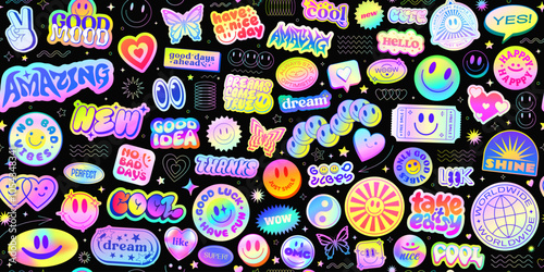 Cool Y2k Holographic Stickers Collage Seamless Pattern Vector Design. Trendy Pop Art Futuristic Patches Background.