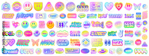Cool Holographic Y2k Stickers Vector Set. Gradient Smile Badges. Pop Art futuristic patches.