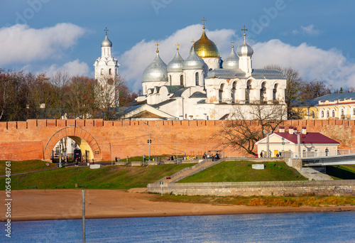 Cityscape of Great Novgorod Kremlin with St. Sophia cathedral and Bell tower, Russia photo