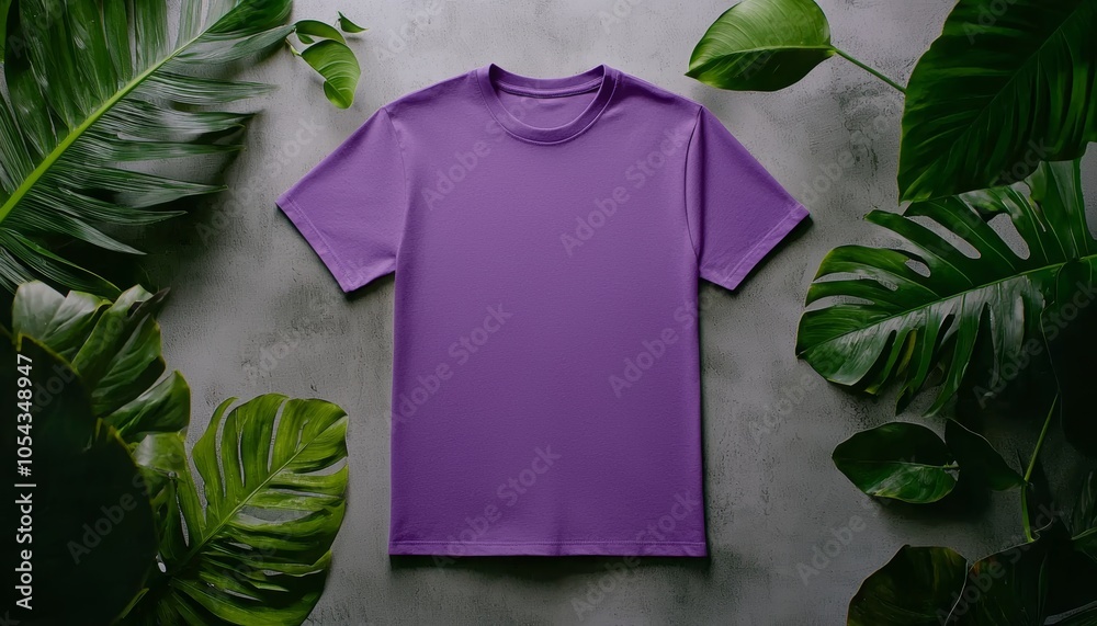 Purple t-shirt on a textured surface surrounded by green leaves, creating a vibrant and fresh atmosphere. Purple t-shirt on a textured surface surrounded by green leaves, creating a vibrant and fresh atmosphere.