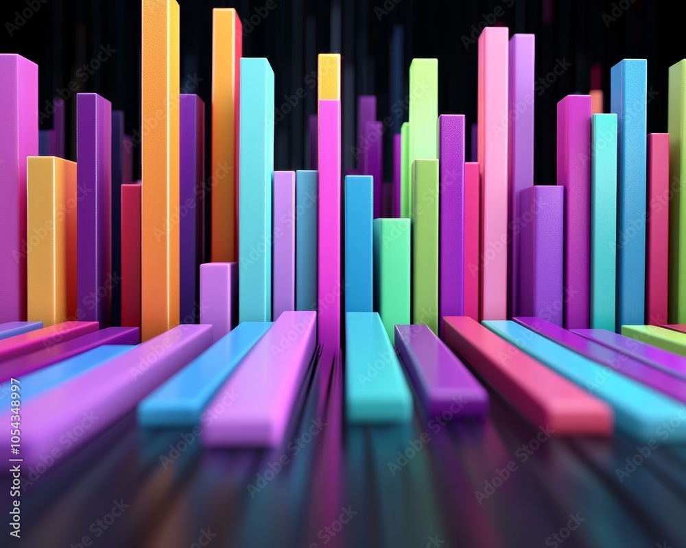 Obraz premium Stylized data display with 3D chart elements, colorful segments and vertical bars, corporate data concept