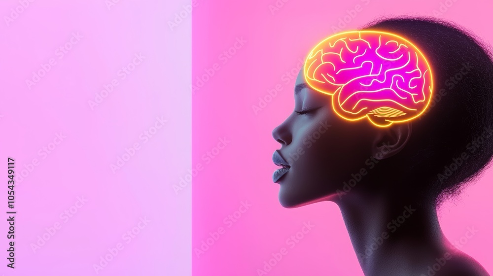 Surreal portrait of a woman's profile with a glowing brain outline in vibrant colors, symbolizing creativity and the minds abstract power.
